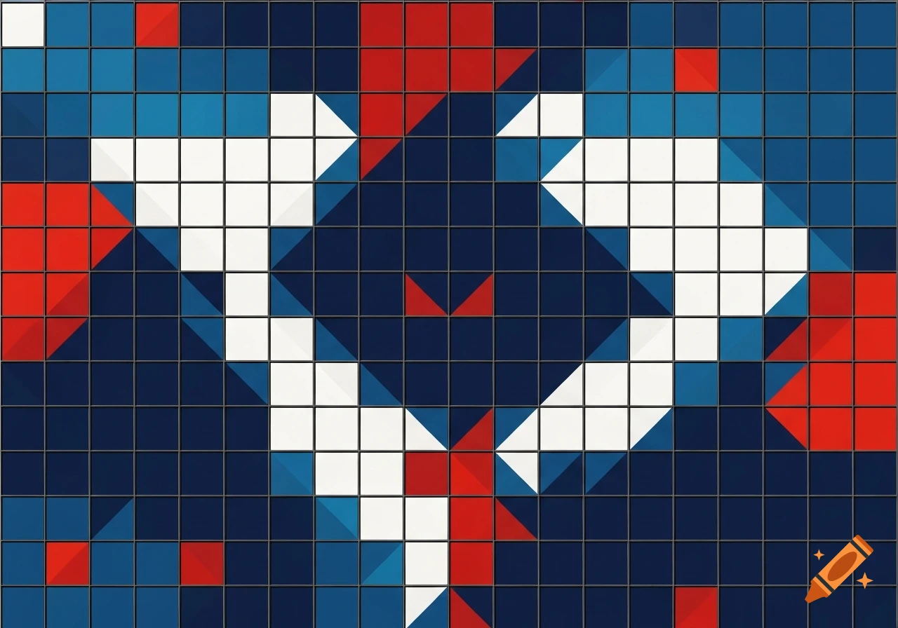 Abstract vector mosaic pattern of red, white, and blue squares and triangles on a dark grid.