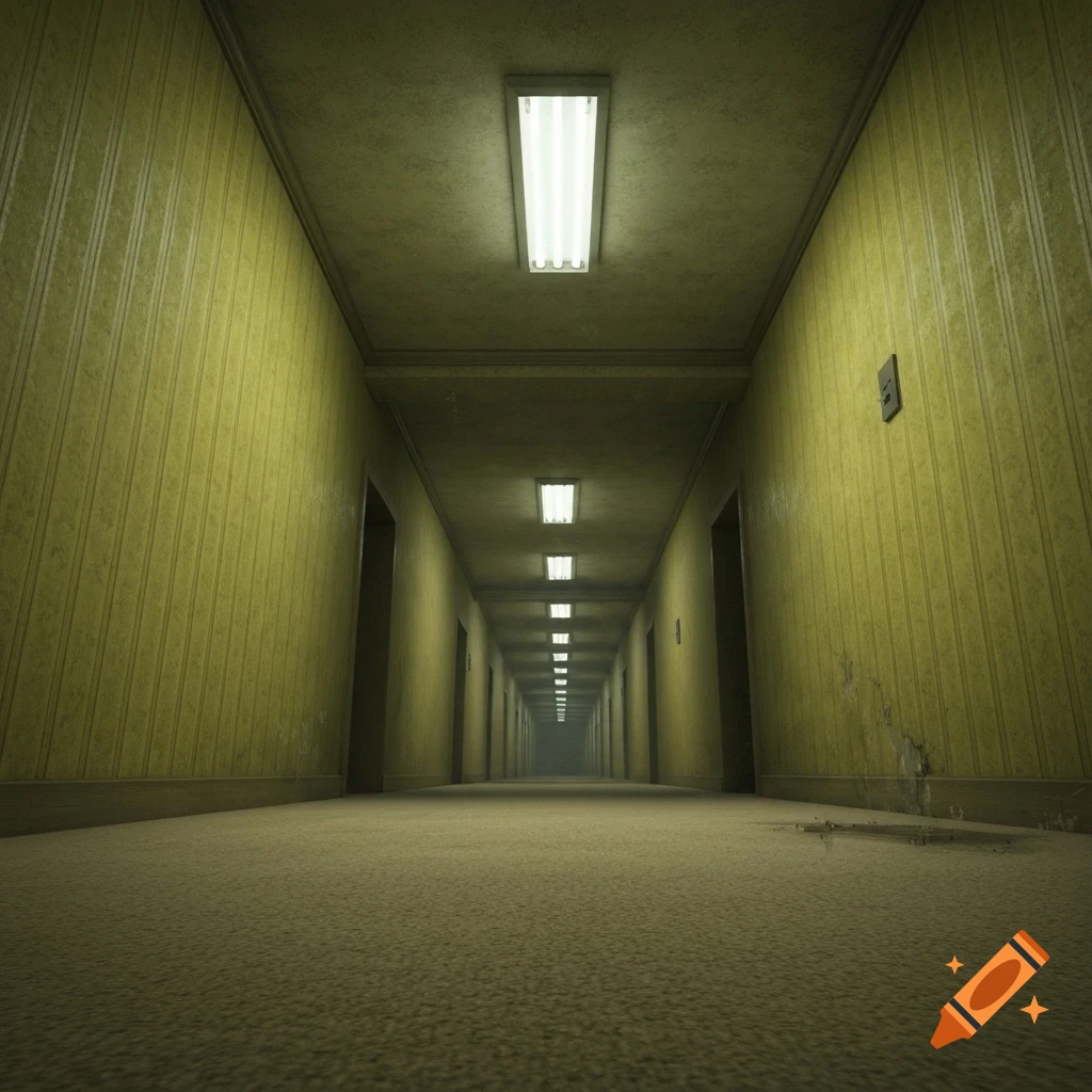 A long, unsettling corridor with yellow wallpaper, patterned carpet, and fluorescent lights extending into the distance.