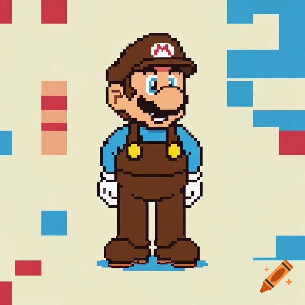 A pixel art Mario-like character with a brown cap, blue shirt, and brown overalls stands on a cream background with scattered pixel shapes.