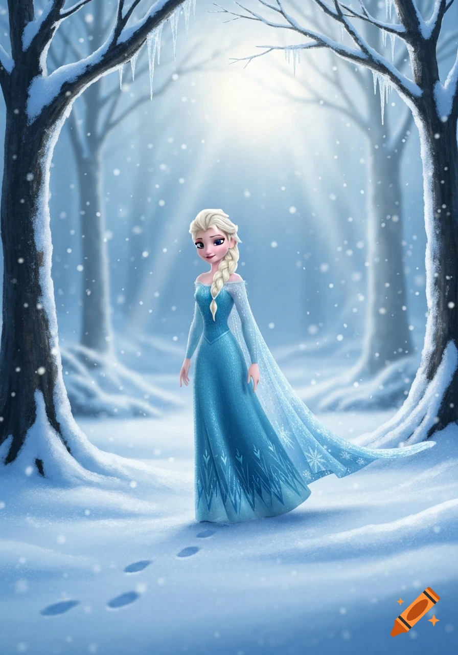 Animated Princess Elsa in a sparkling blue dress, standing in a snowy forest with falling snowflakes and footprints in the snow.