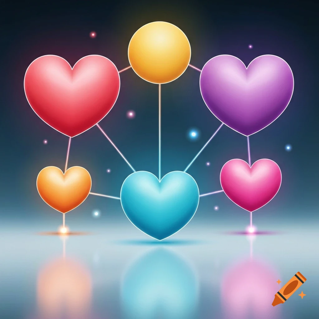 Colorful, glowing hearts and a yellow sphere connected by thin lines, forming an abstract network with reflections.