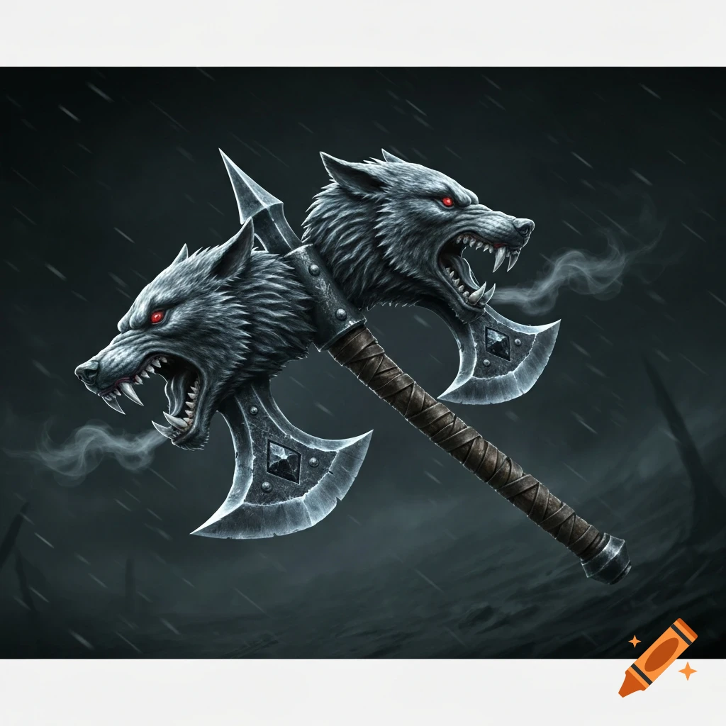 A double-bladed battleaxe with snarling wolf heads and glowing red eyes on each blade, set against a dark, rainy background.