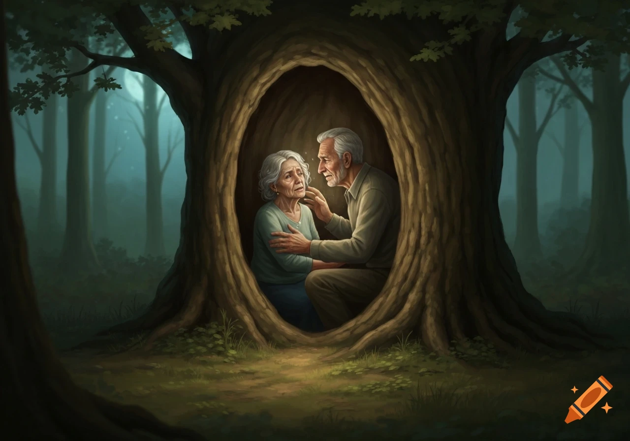 An elderly man comforts a distressed elderly woman inside a hollow tree in a mystical forest.