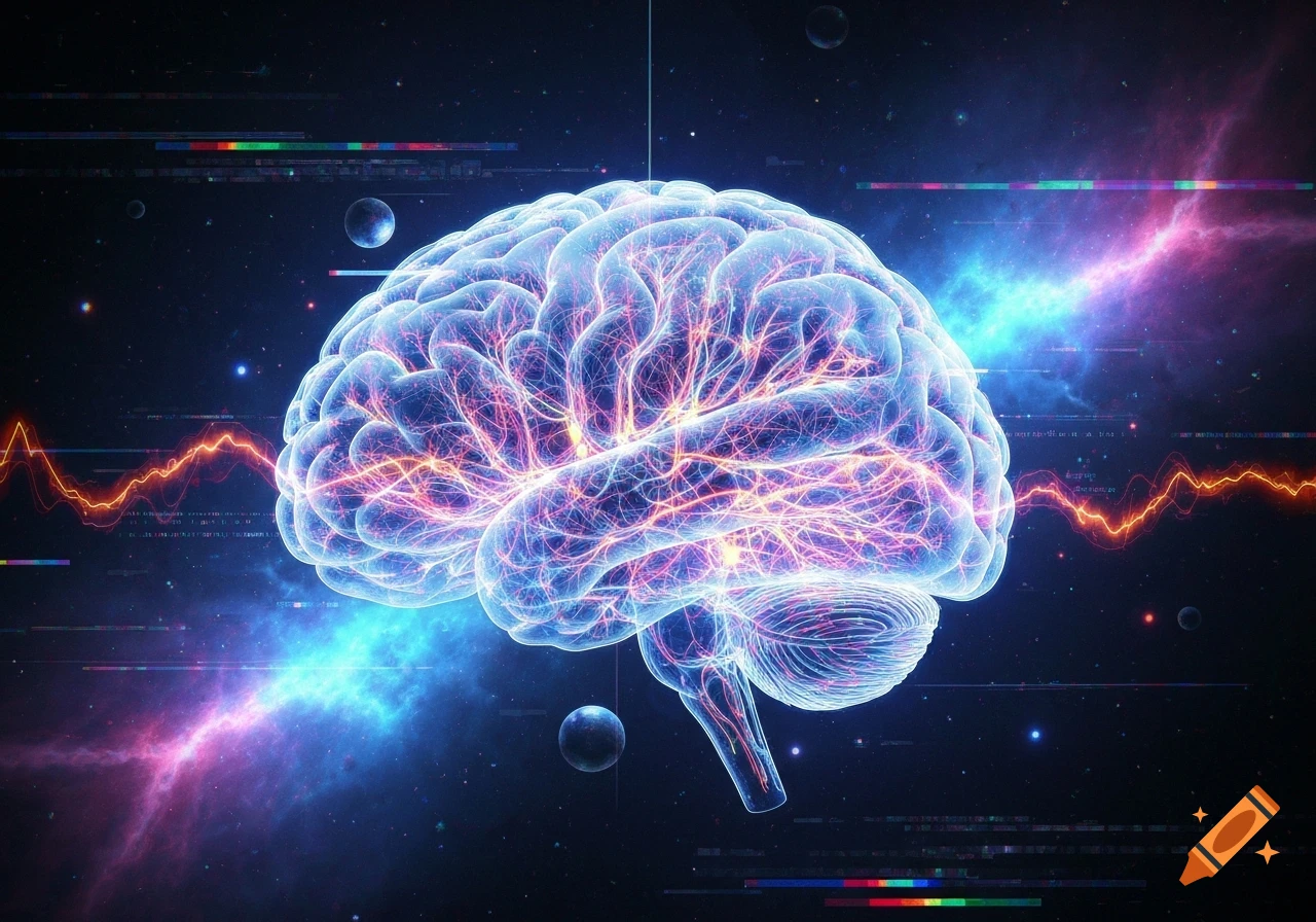 A vibrant, glowing human brain with luminous neurons against a dark space background with nebulae and digital distortion.