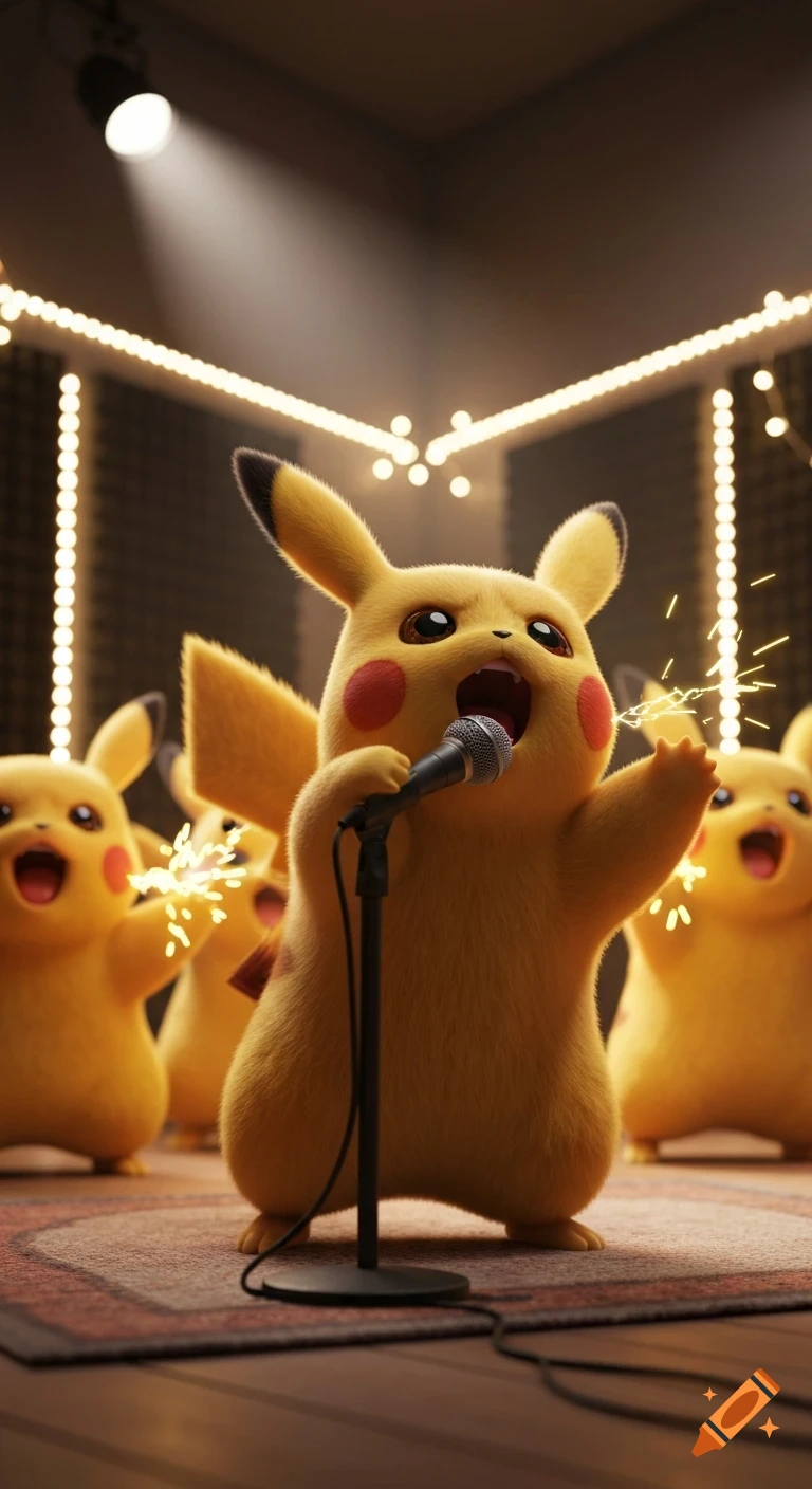 Ultra-realistic 3D Pikachu sings passionately into a microphone on a stage with backup Pikachus, cinematic lighting.