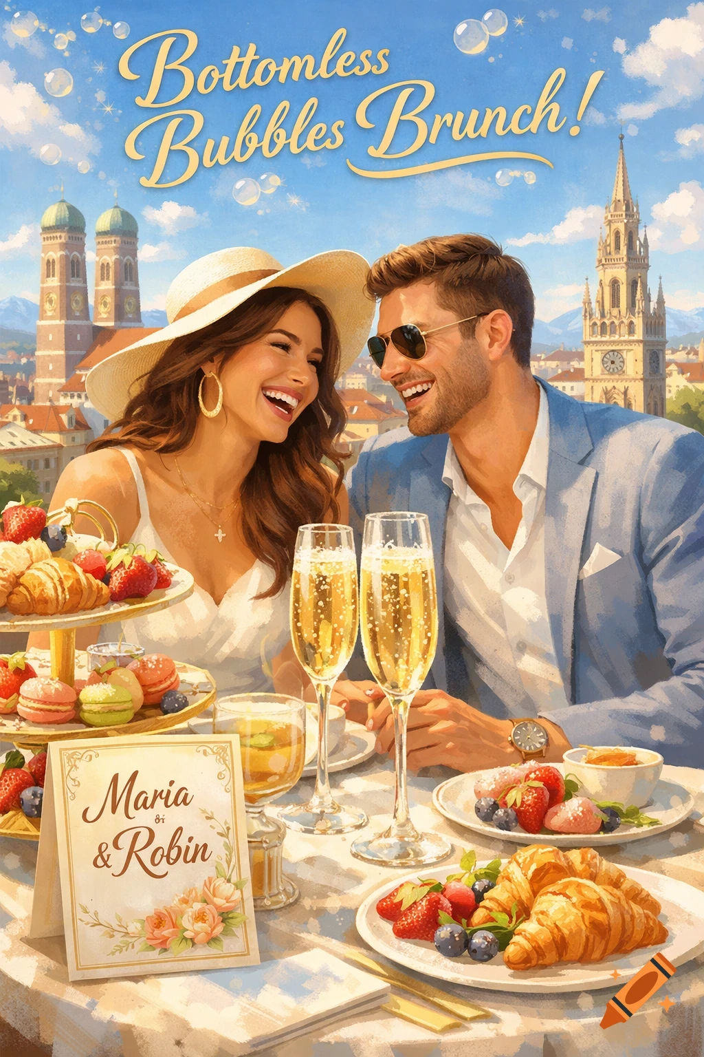 An illustrated couple enjoys a bottomless bubbles brunch on a rooftop in Munich, with the city's spires in the background.
