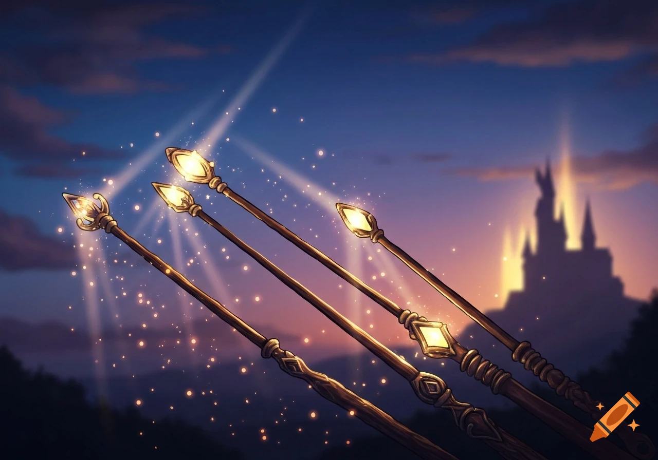 Illustration of glowing magic staffs pointing upwards towards a silhouetted castle against a dusk sky with sparkling light rays.