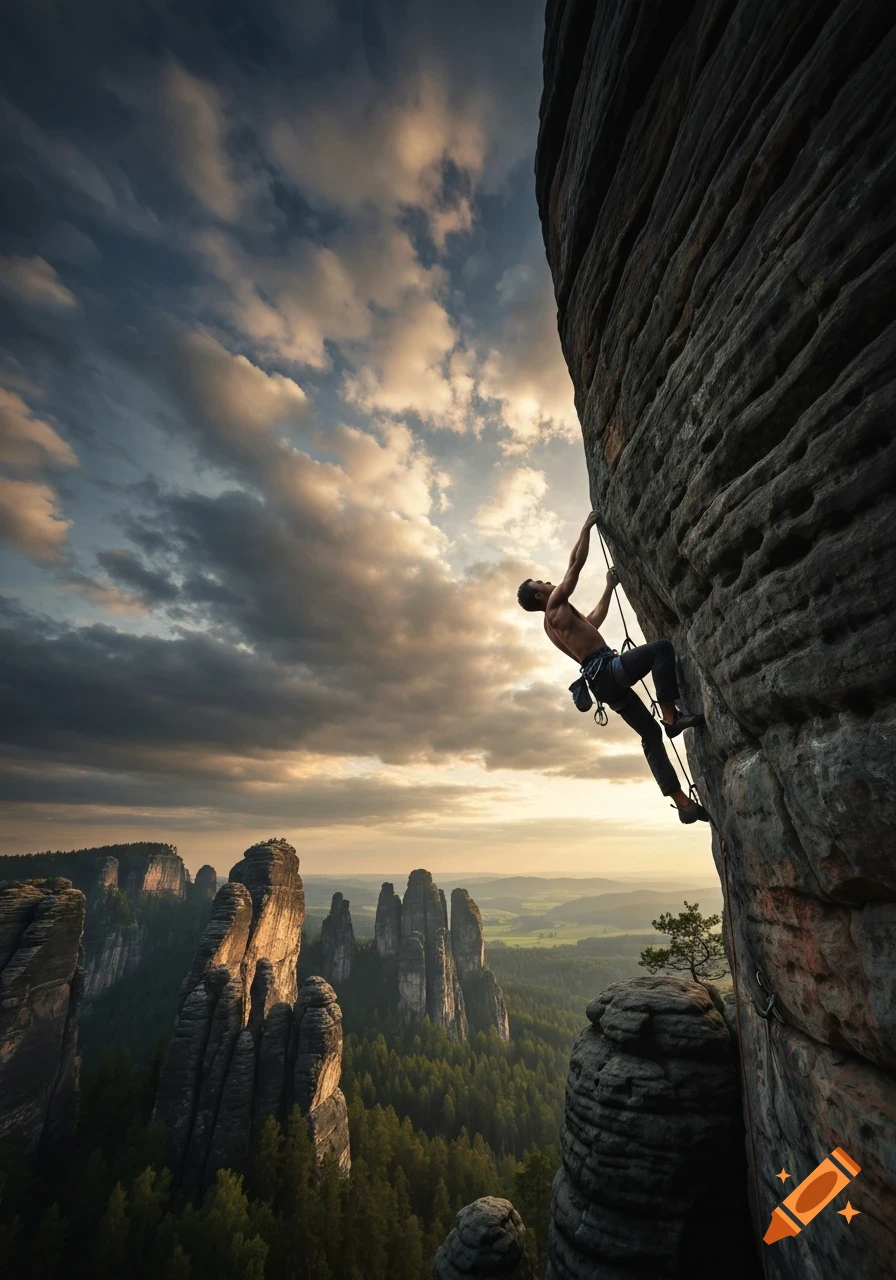 A shirtless male rock climber scales a massive cliff face at sunset, overlooking a vast landscape of rocky peaks and forests.