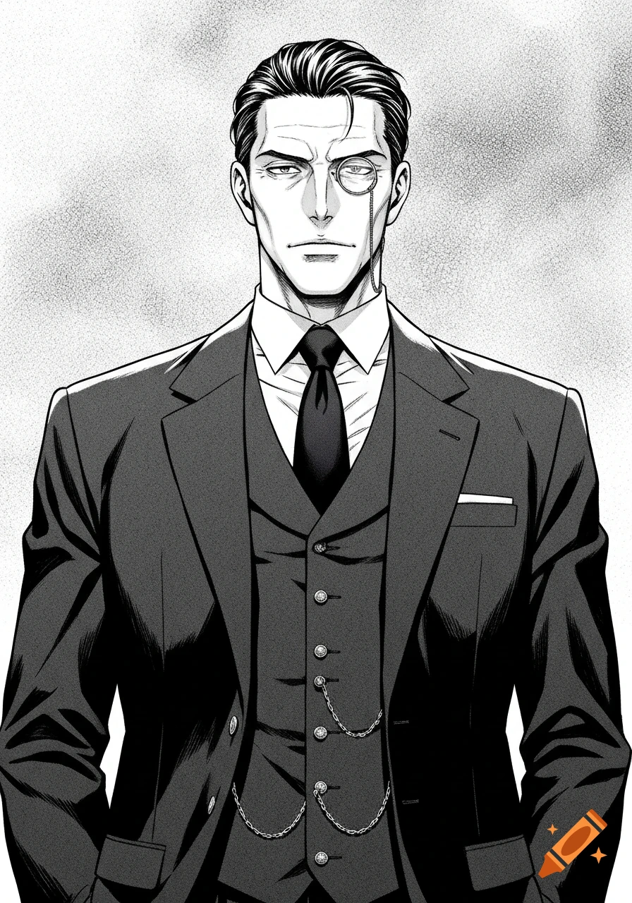 A stern-faced man in a black suit, vest, and tie, wearing a monocle on his left eye, in a black and white manga style.