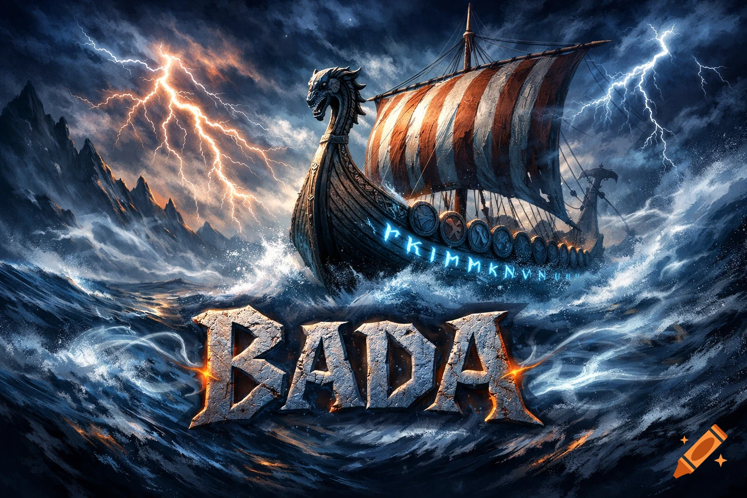 A dramatic fantasy illustration of a Viking longship with a dragon head carving, sailing through a stormy sea with lightning in the sky. The word "BADA" is prominently displayed in front.