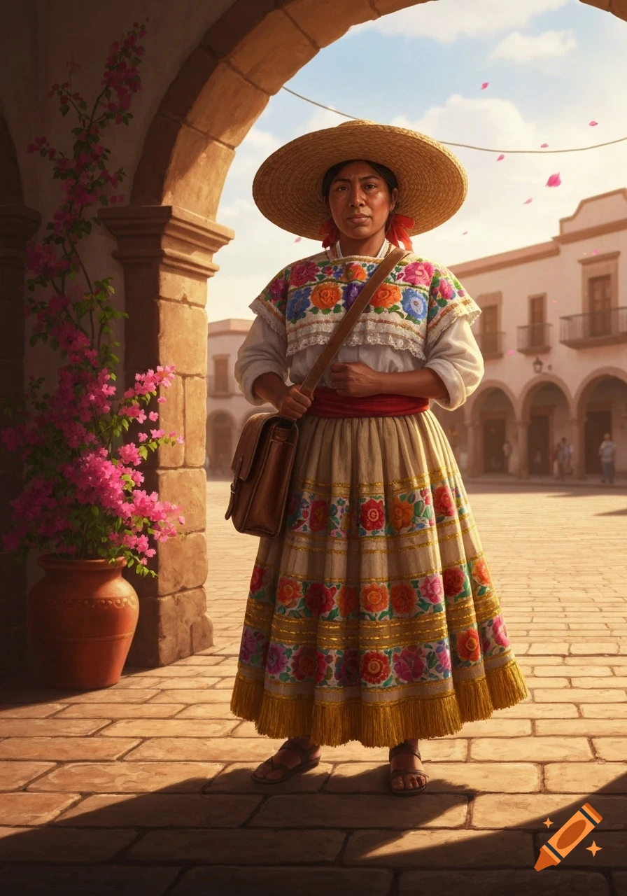 A woman in a wide-brimmed straw hat and a colorful embroidered Mexican dress stands under an archway with pink bougainvillea.