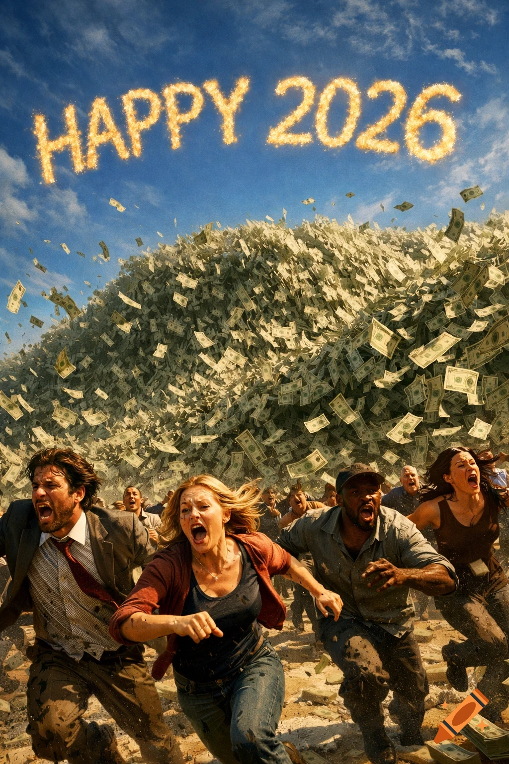 People run in terror from a massive avalanche of US dollars while "HAPPY 2026" is sky-written in fiery letters above.