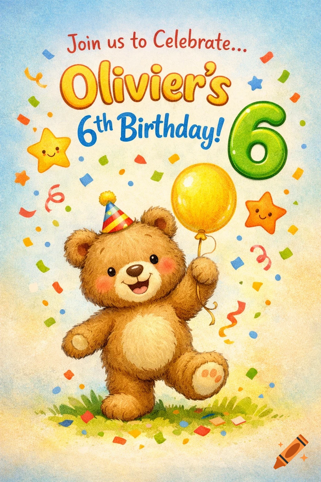 Cartoon teddy bear in a party hat holds a yellow balloon on a colorful birthday invitation with confetti and "Olivier's 6th Birthday!" text.