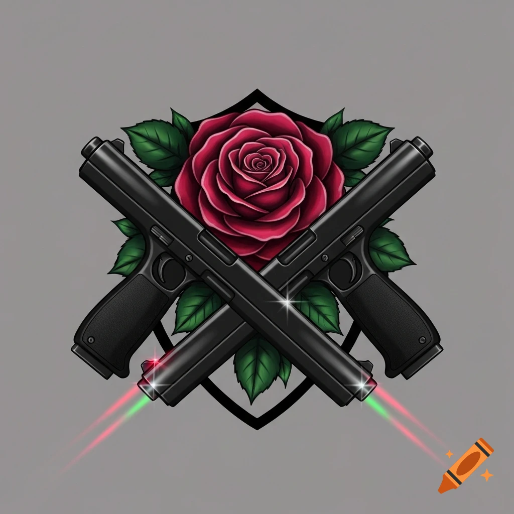 Stylized illustration of two black pistols crossed over a red rose with green leaves and a black emblem, firing red and green lasers.