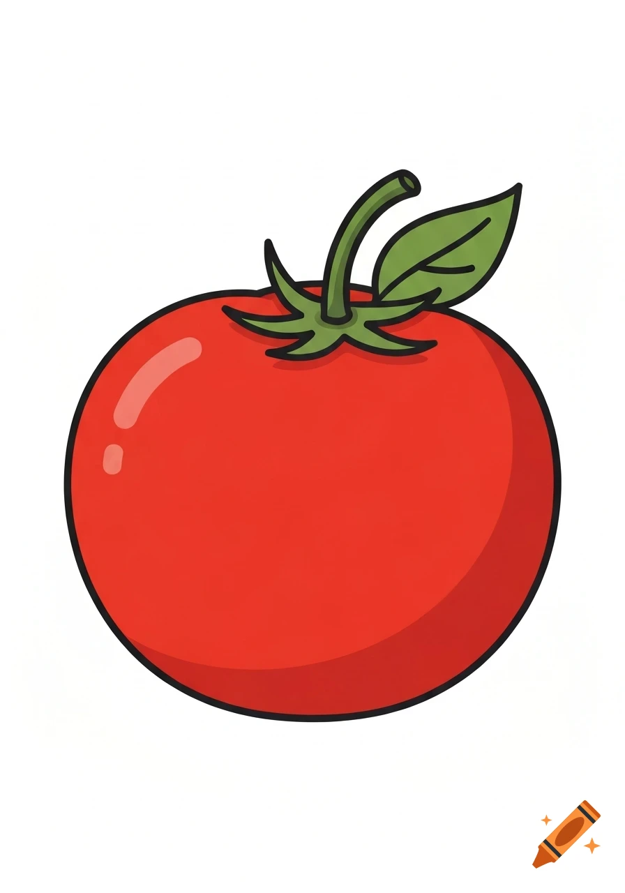 A simple hand-drawn cartoon illustration of a red tomato with a green stem and leaf.