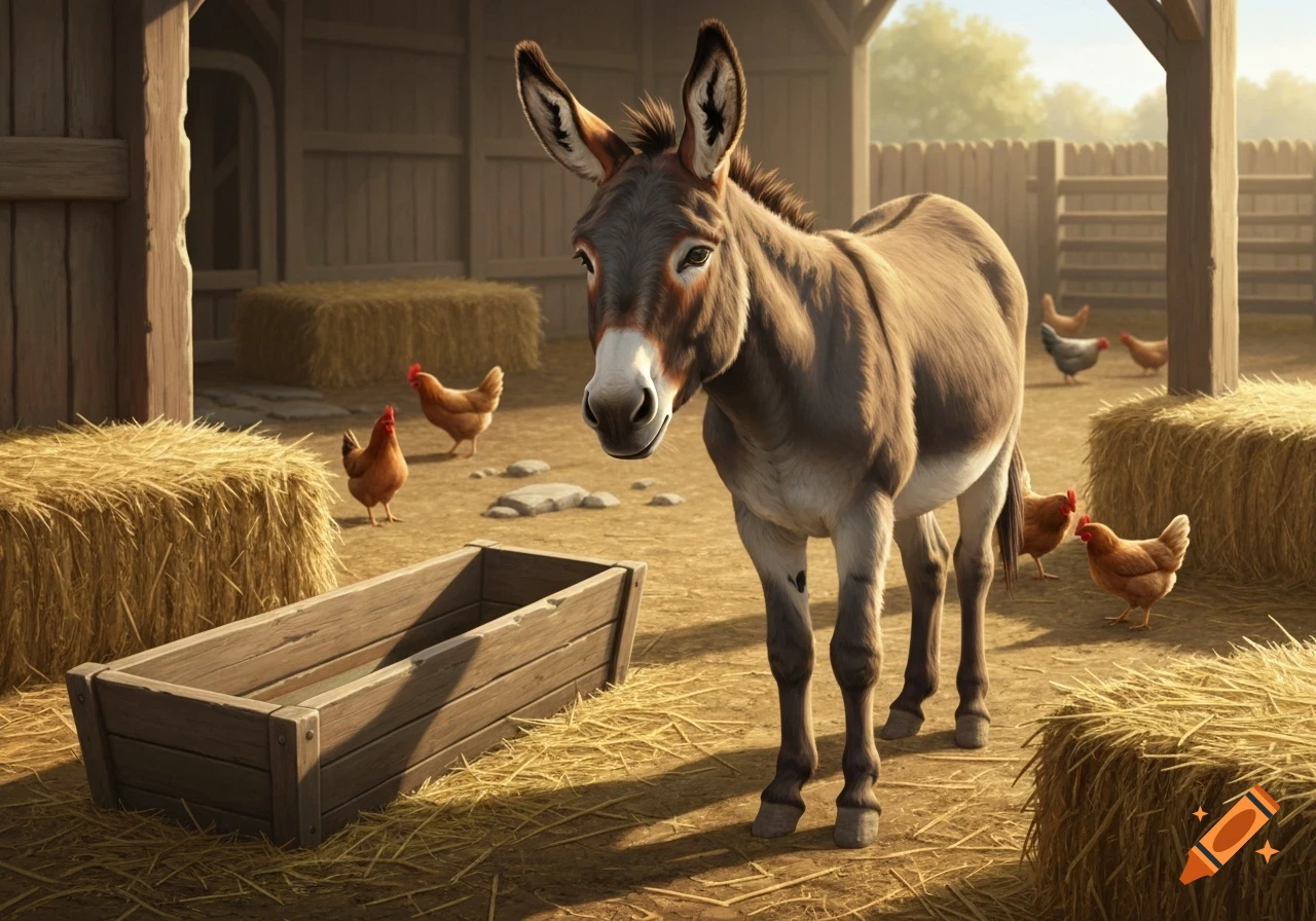 A photorealistic donkey stands in a sunlit barnyard, surrounded by chickens and hay bales.