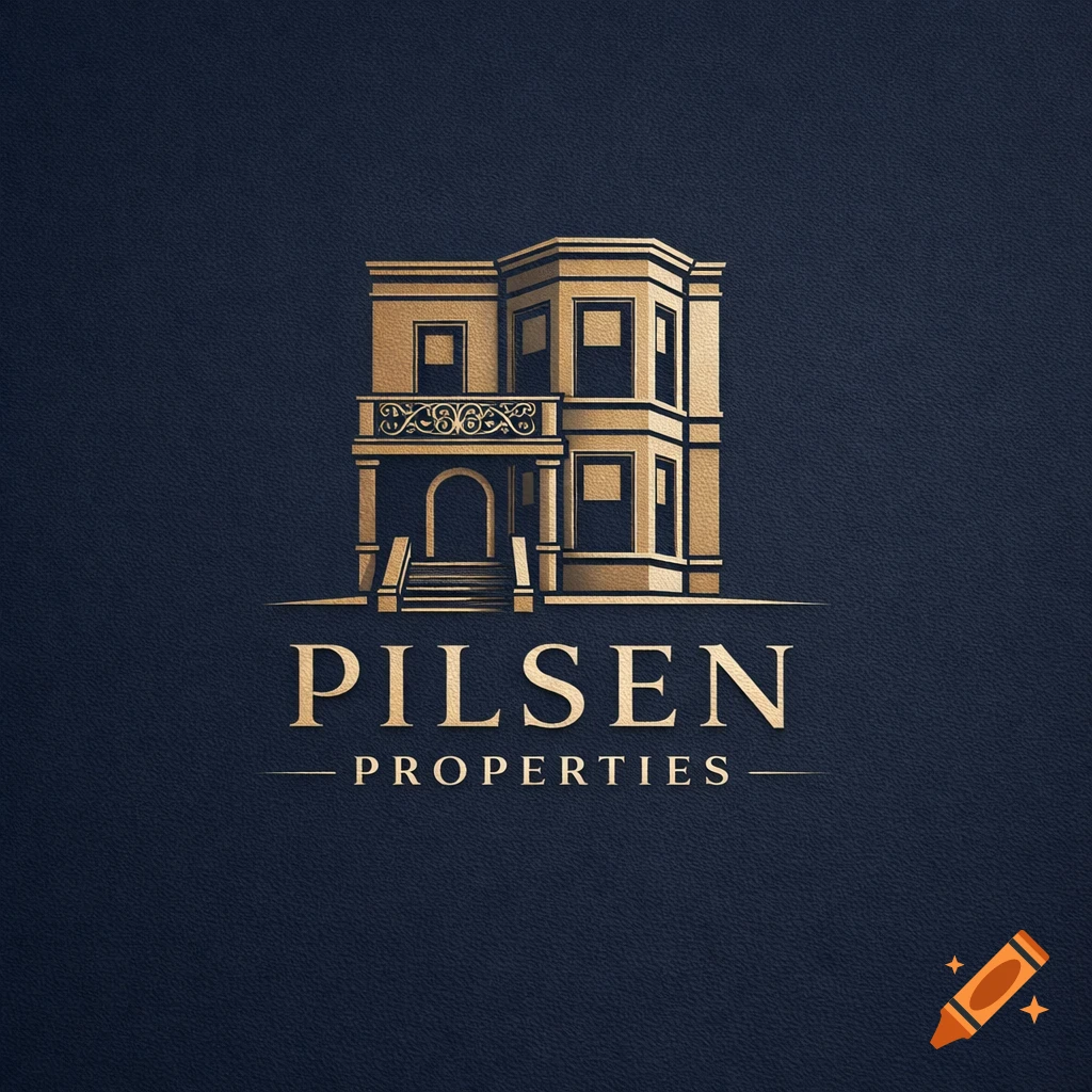 Elegant gold logo for Pilsen Properties, featuring a stylized 19th-century apartment building on a dark blue background.