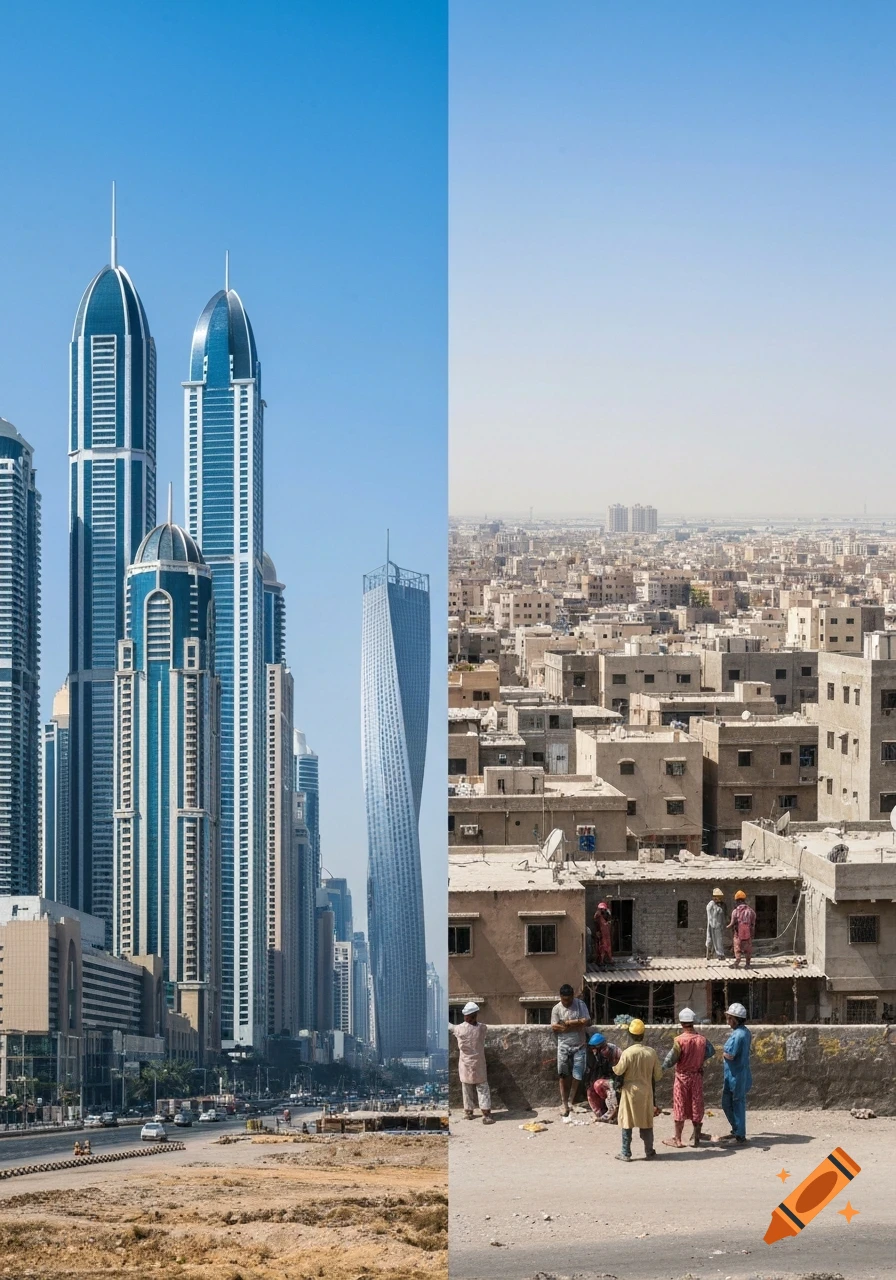A split image contrasts modern skyscrapers with an older, densely packed neighborhood and people in a city.