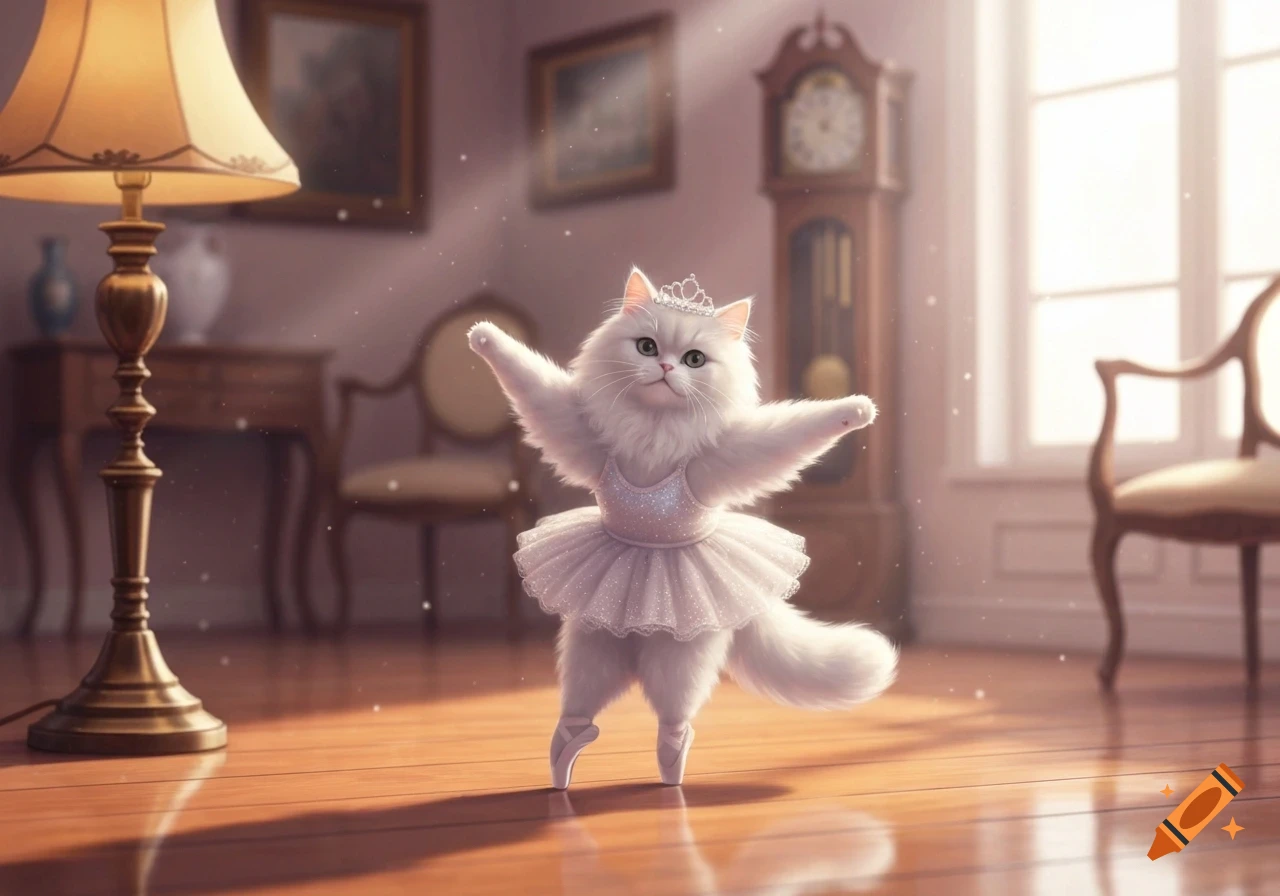 A fluffy white cat wearing a sparkly pink ballet tutu and crown dances en pointe in a warmly lit room.