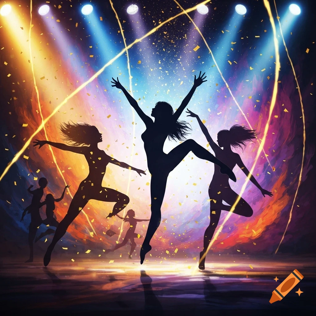 Silhouettes of multiple dancers on a vibrant stage under spotlights, with falling confetti and swirling light trails.
