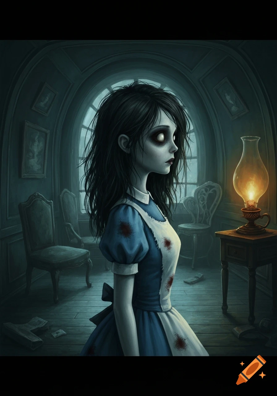 A stylized gothic illustration of American McGee's Alice, covered in bloodstains, looking somber in a dimly lit, eerie room with an oil lamp.