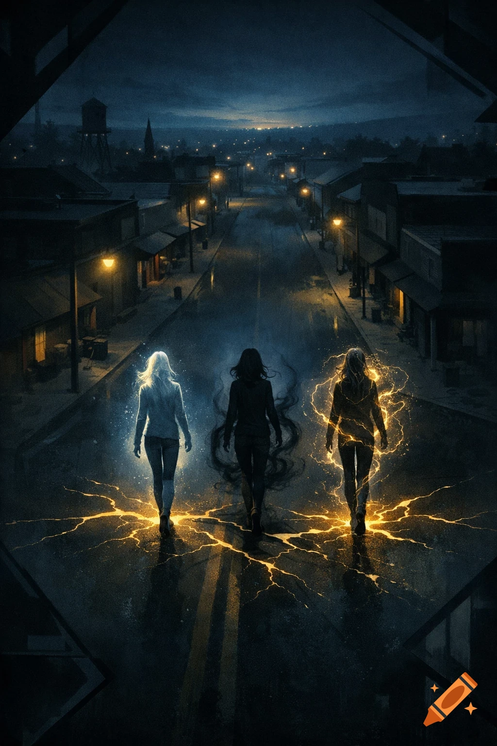 Three glowing silhouettes of teenage girls walk away from a small town at night, with cracks of light spreading on the street, in a dark, cinematic fantasy style.