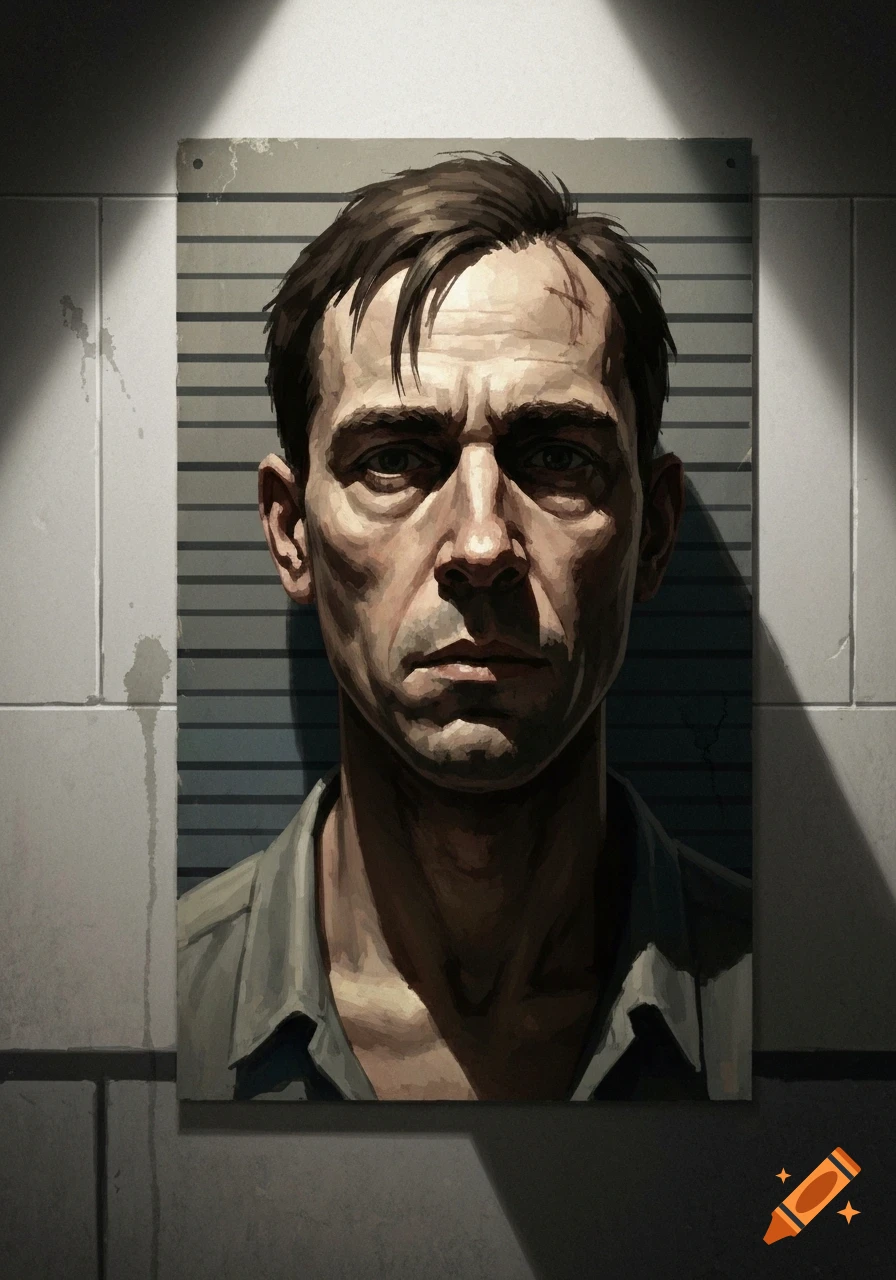 A stylized digital painting of a man's intense mugshot against a height chart, with dramatic lighting.