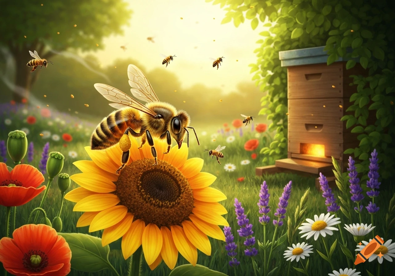 A large bee gathers pollen from a sunflower in a vibrant, sunny meadow filled with poppies, lavender, daisies, and a beehive.