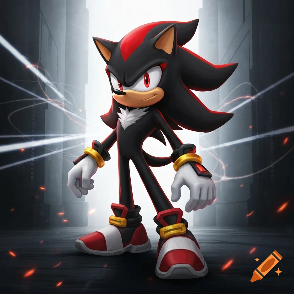 Shadow the Hedgehog stands with a determined expression in a dark, urban setting with glowing light trails and embers.