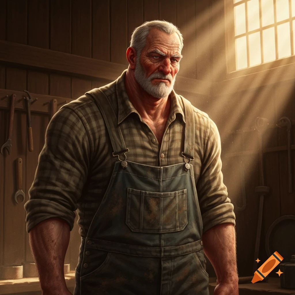 A stern, bearded old man in plaid and overalls stands in a sunlit workshop with tools.