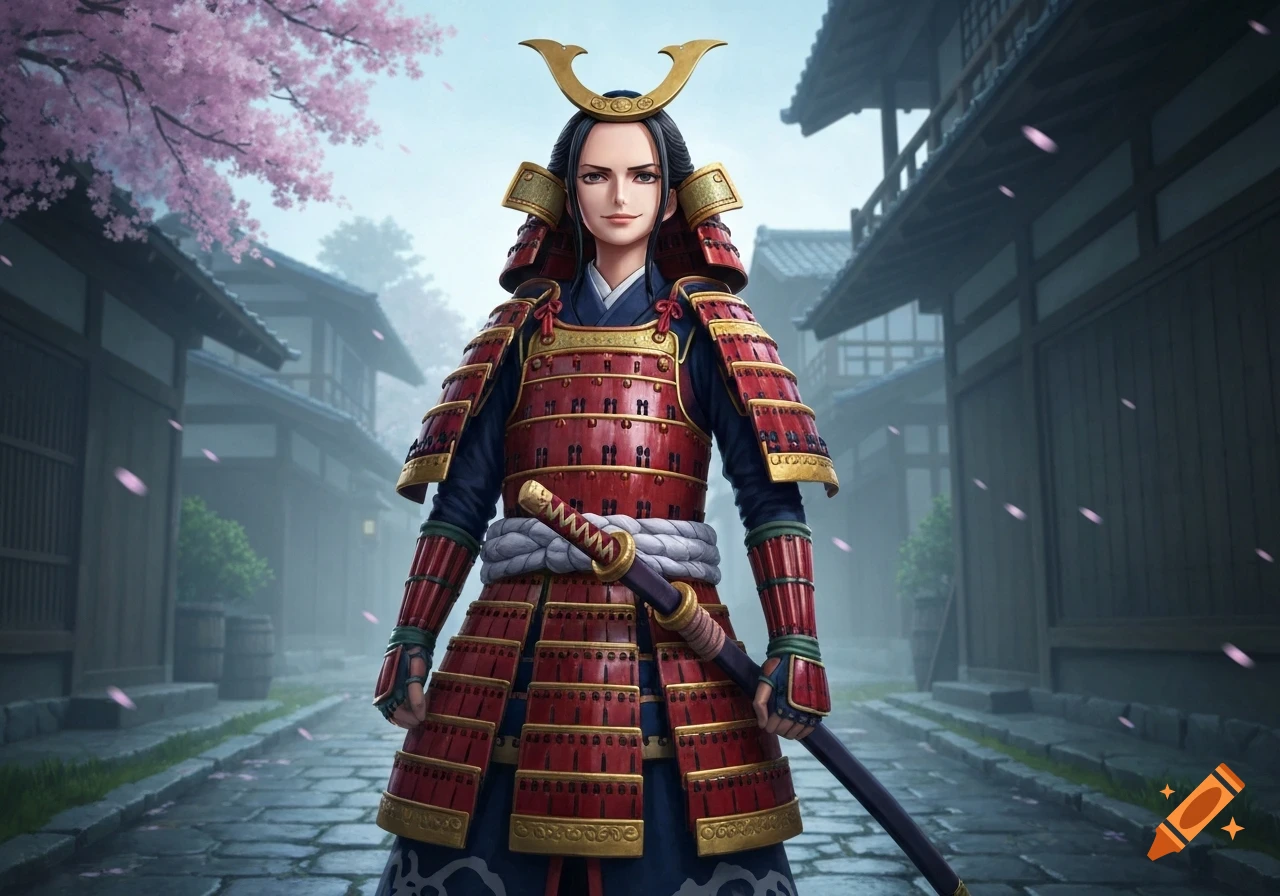 Anime-style illustration of a woman in red and gold samurai armor holding a katana on a stone path in a Japanese village with cherry blossoms.