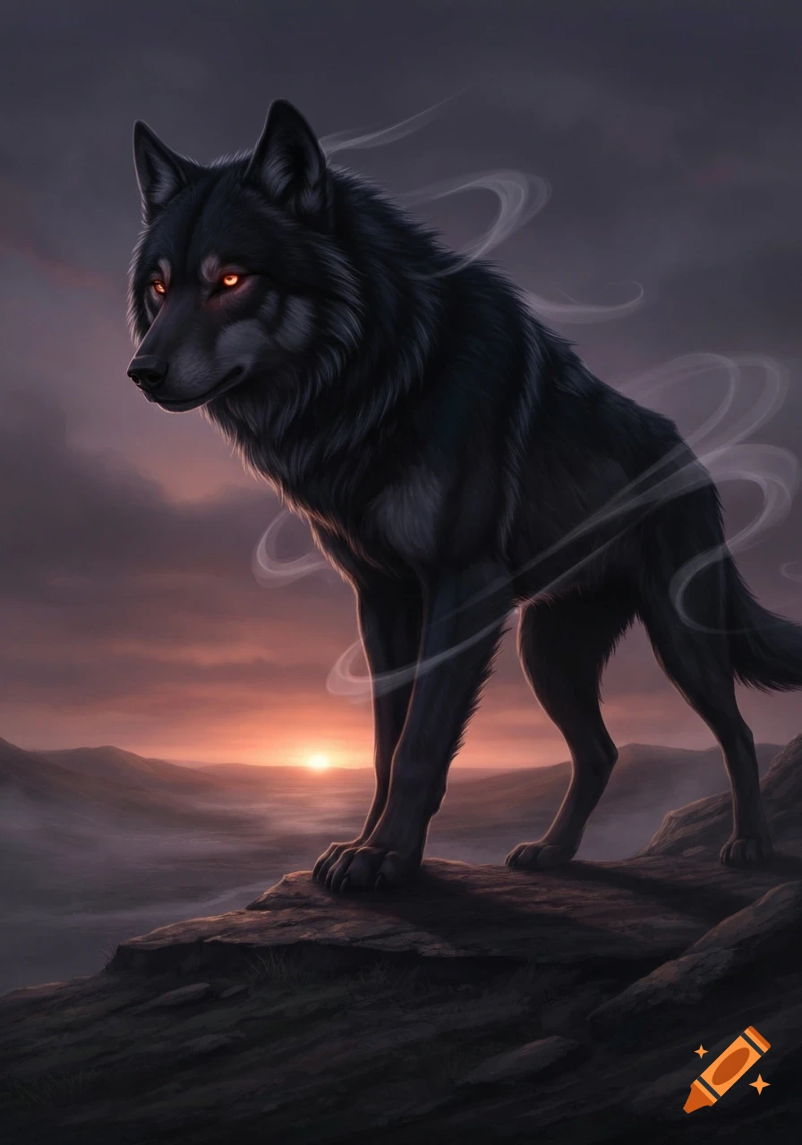 A majestic black wolf with glowing orange eyes stands on a rocky cliff overlooking a dramatic sunset landscape, with ethereal wisps of smoke around its body.