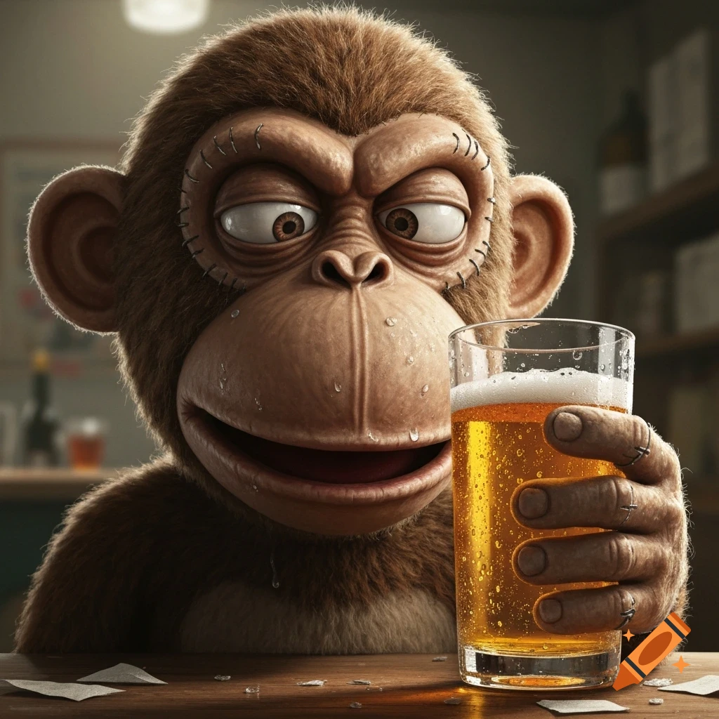 A cartoonish monkey puppet with stitches on its face gives a side eye while holding a glass of foamy beer.