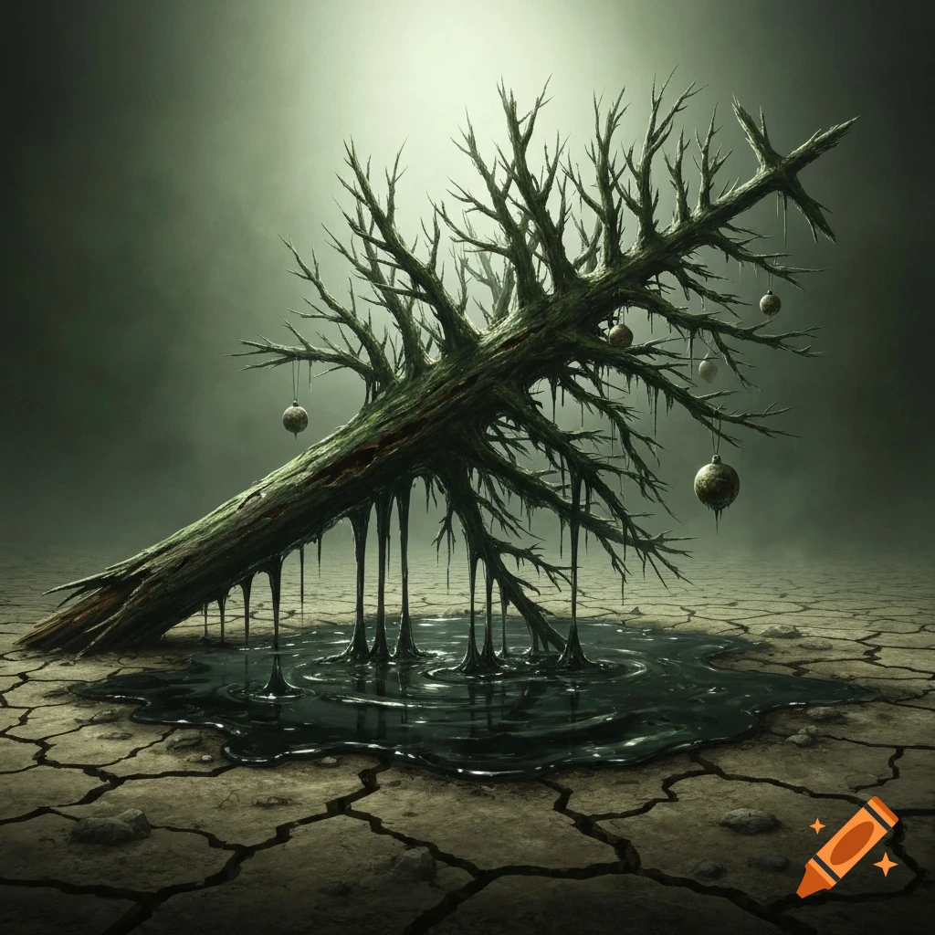 A gnarled, decayed Christmas tree leans into a pool of black rot on cracked earth in a gloomy, surreal landscape.