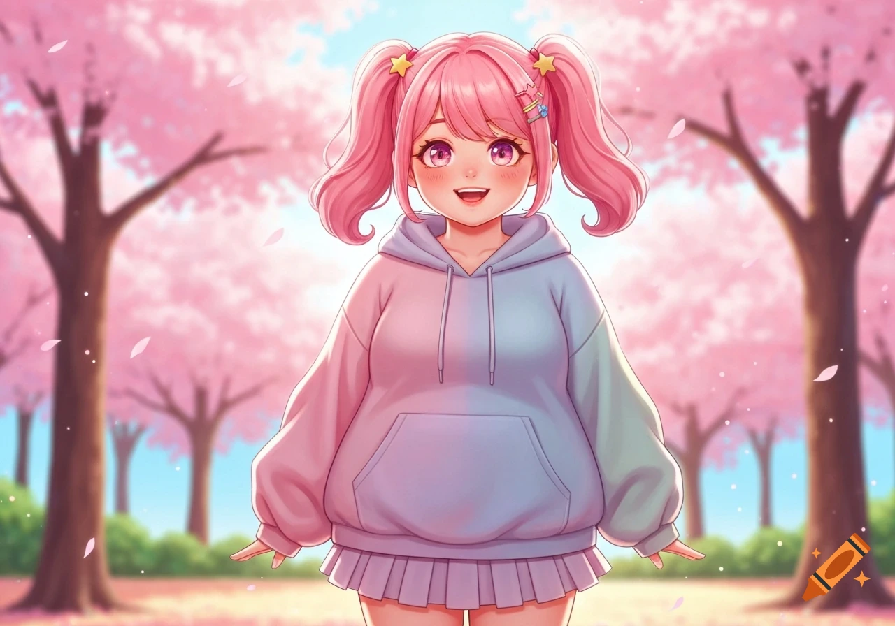 Smiling anime woman with pink pigtails, wearing a two-tone hoodie and pleated skirt, standing in a cherry blossom park.