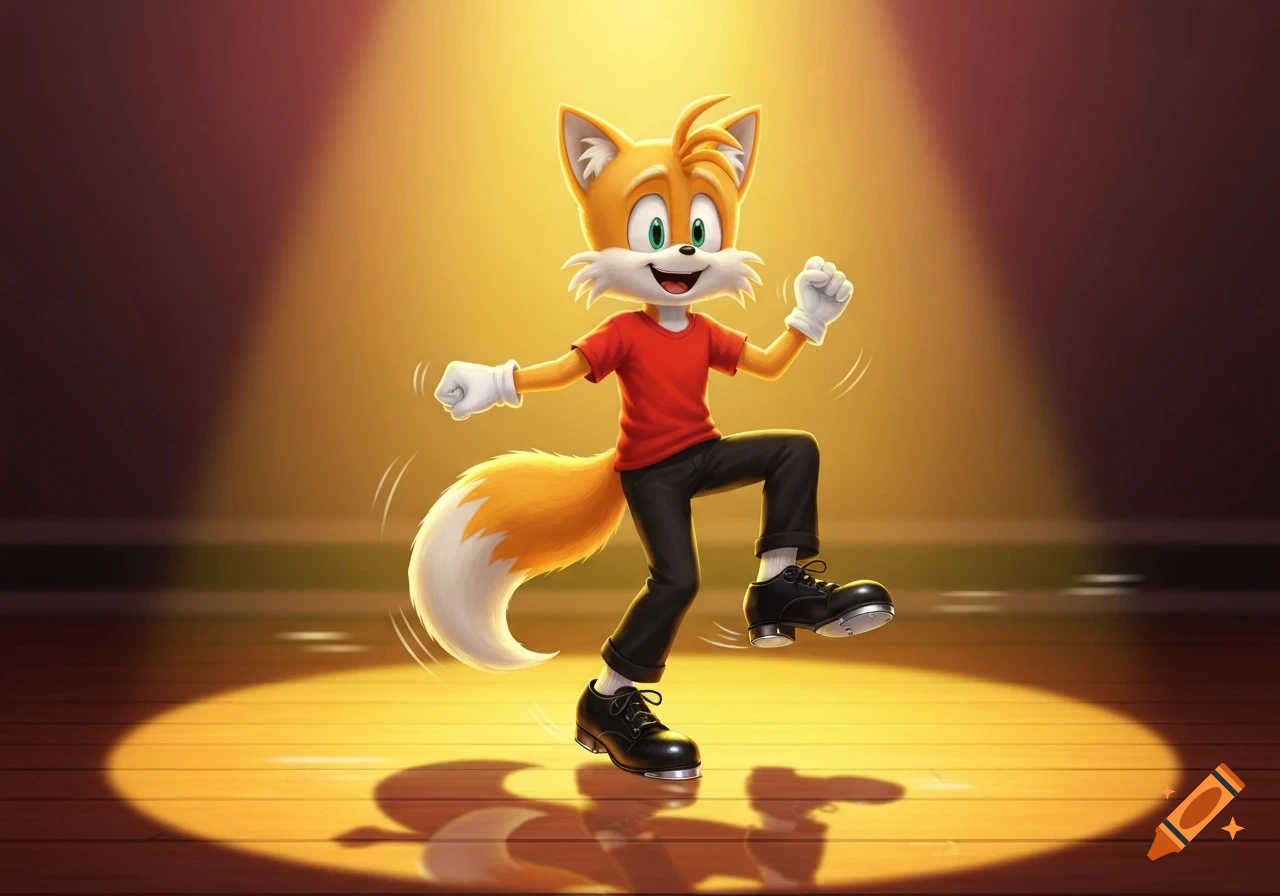 Tails from the Sonic movie tap dancing on a wooden stage under a spotlight, wearing a red t-shirt, black pants, and tap shoes.