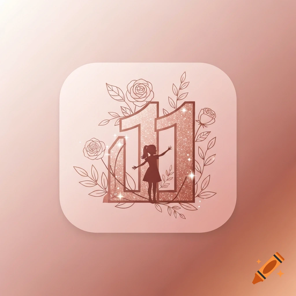 A rose gold icon featuring the number 11, a girl's silhouette, and delicate roses on a pink background.
