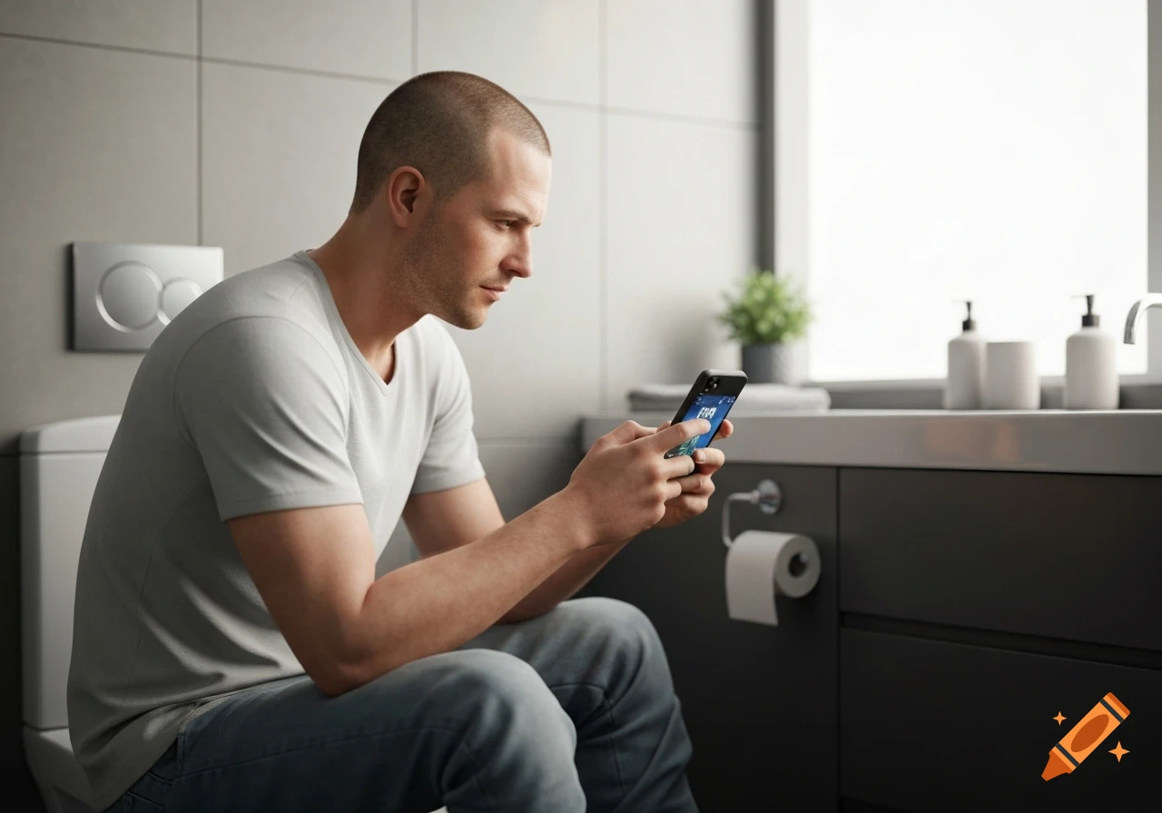 Photorealistic image of a man sitting on a toilet in a modern bathroom, focused on playing a game on his smartphone.