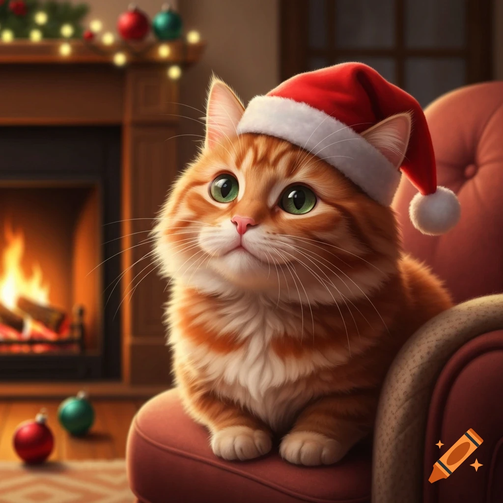 A fluffy orange and white cat wearing a Santa hat sits in a chair by a cozy fireplace decorated with Christmas lights and ornaments.