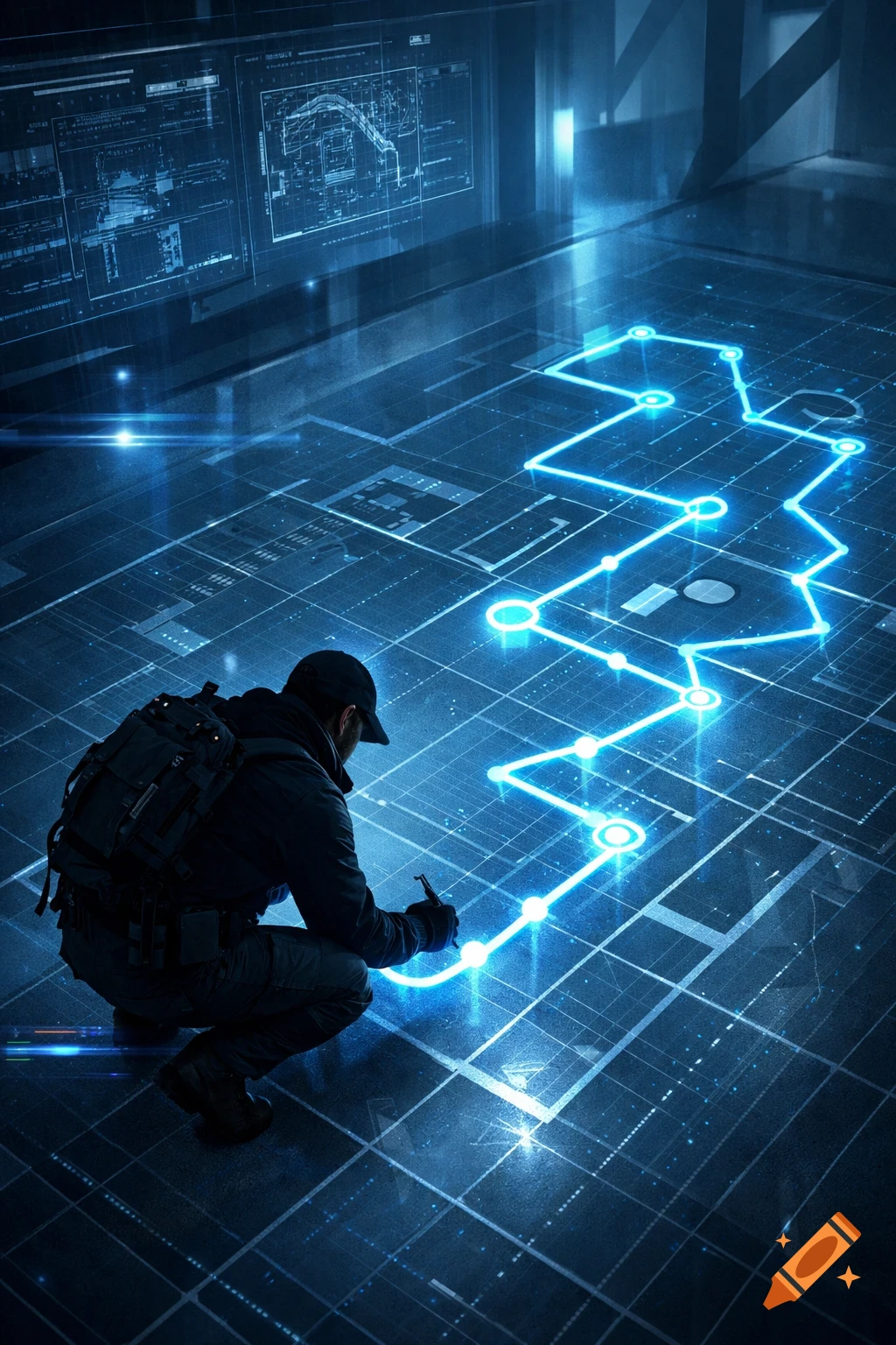 A person in a baseball cap and backpack crouches, interacting with a glowing blue path on a futuristic grid floor, with data screens in the background.