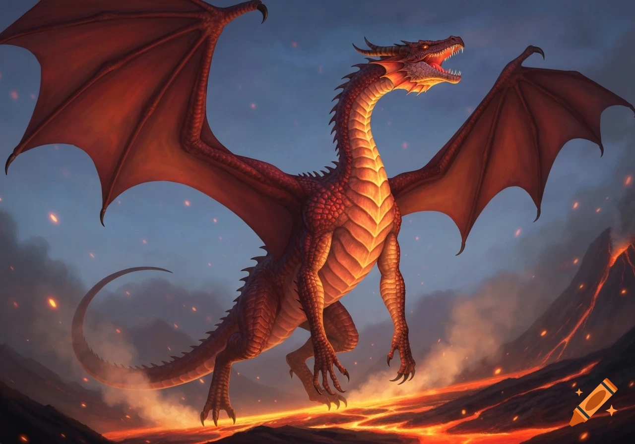 A majestic red dragon with large wings hovers over a fiery lava landscape with glowing embers.