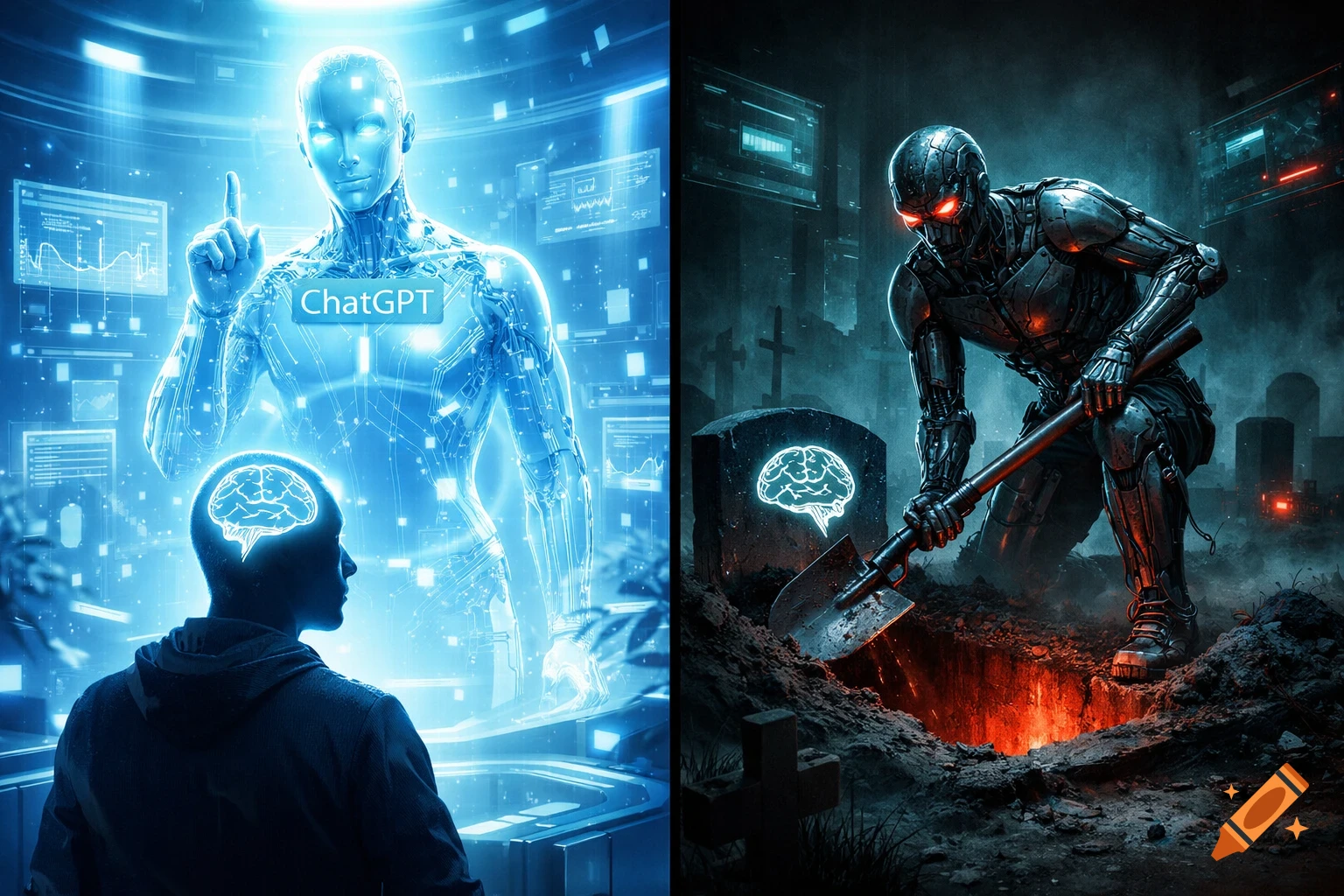 A diptych: left shows a blue holographic AI with 'ChatGPT' and a human mind; right shows a dark robot digging a grave with a glowing brain tombstone.