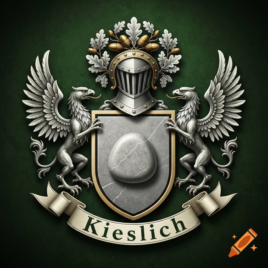 Detailed family coat of arms with a knight's helmet, two griffins, a shield featuring a stone egg, oak leaves, and a banner with "Kieslich".