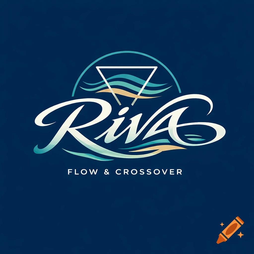 The RIVA logo with stylized white and teal text, waves, and a white triangle on a deep blue background, with 'FLOW & CROSSOVER' below.