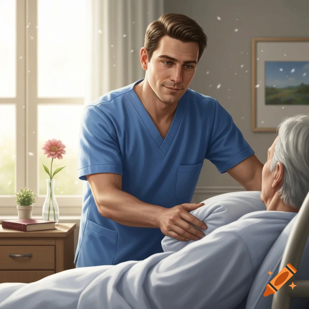 A male nurse in blue scrubs gently tending to an elderly patient lying in a bright hospital bed.