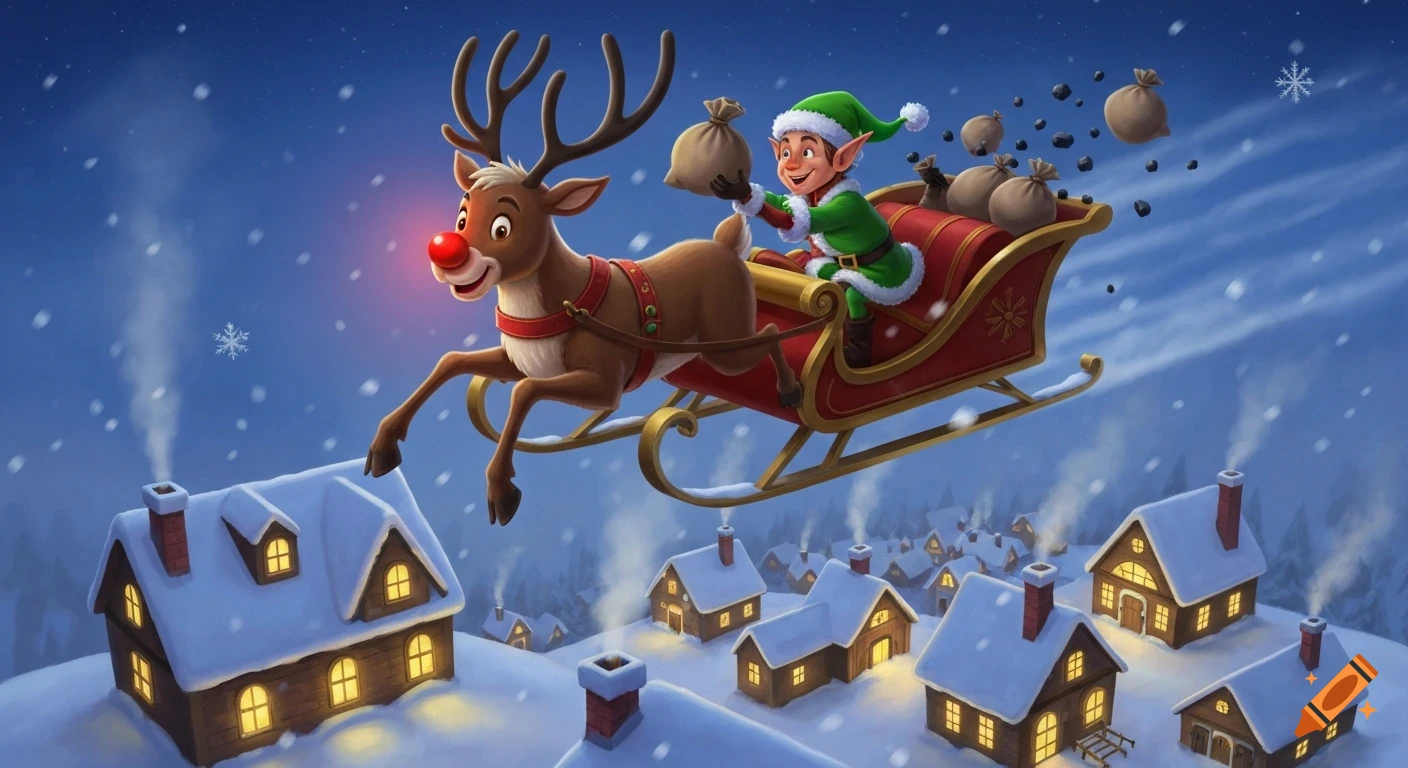 A cartoon red-nosed reindeer pulls a sleigh with an elf flying over a snowy village at night, dropping bags of coal.