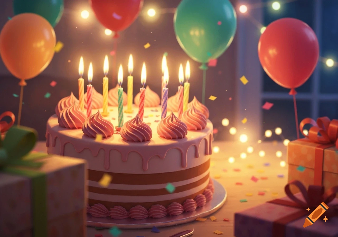 A colorful birthday cake with lit candles, surrounded by balloons and wrapped presents, in a soft, warm lighting.