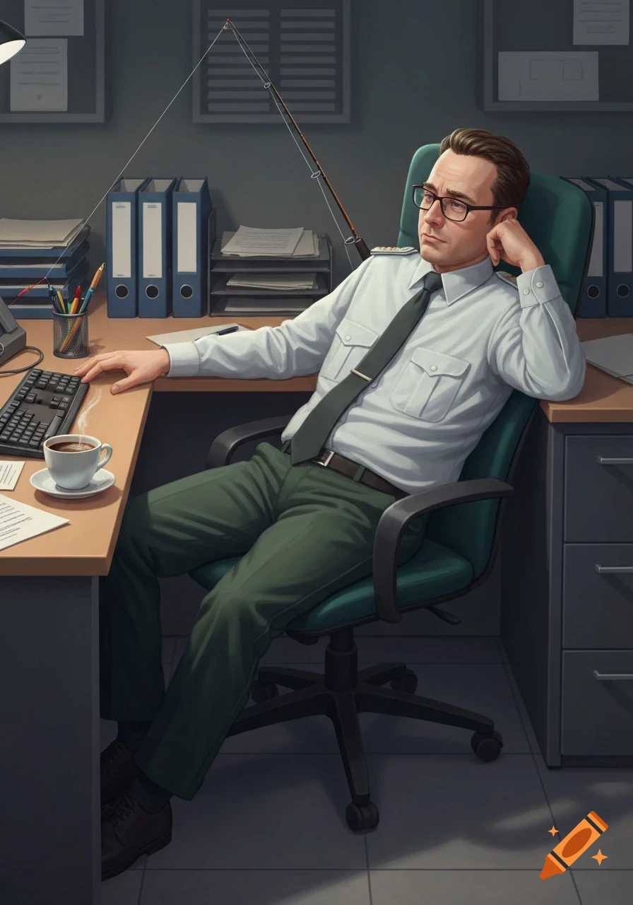 A man in a uniform shirt and tie sits at an office desk with a fishing rod attached, looking bored.