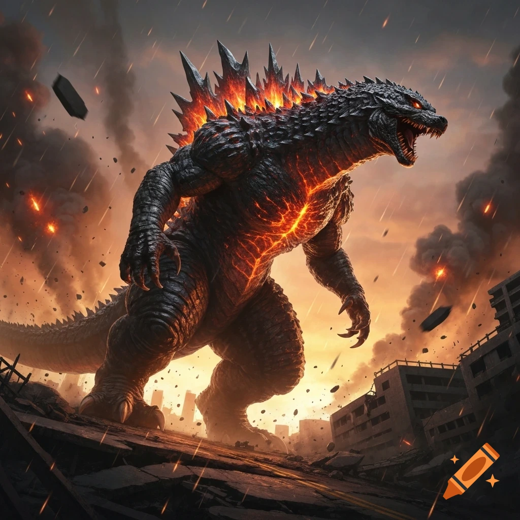 Godzilla, with glowing orange cracks on its body and fiery spines, roars amidst a burning, ruined city under a stormy sky.