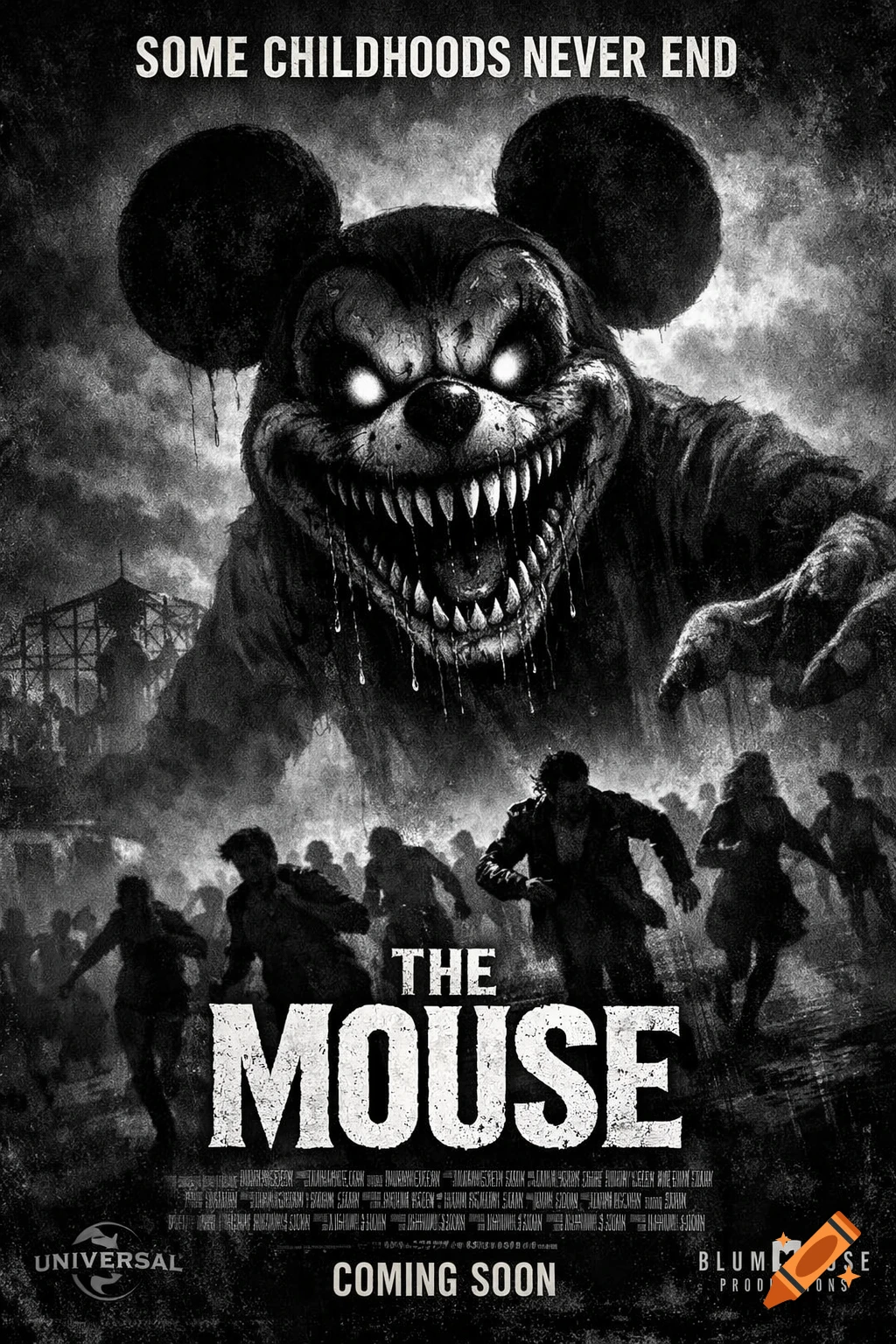 A black and white horror movie poster for "The Mouse", featuring a monstrous, sharp-toothed Mickey Mouse looming over frightened people in an amusement park.